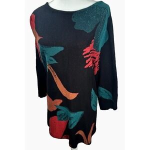 Chicos Knit Sweater Dress Black Abstract Floral Long Sleeve Tunic Dopamine XXL